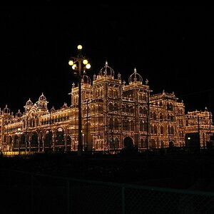 Illuminated full view of the Mysore Palace ...