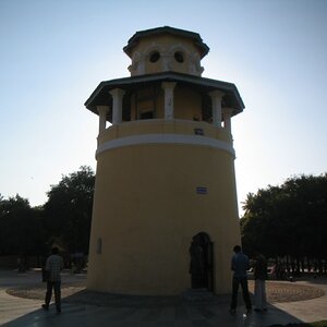 View of the Jail tower with the sun setting behind it
