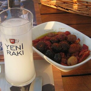 Licorice-flavored Raki and olives.