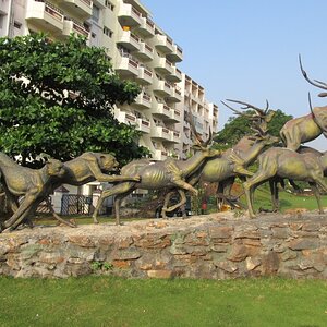 Animals carved out in metal along the shoreside apartments
