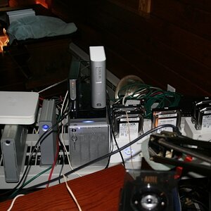 Backup drives, Airport Extreme wifi box, USB hub, etc. as of 20110802. I have a relatively new Firewire 800 12TB drive (9TB RAID 5 with parity) - http