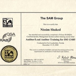 Nissim Shaked- ISO13485 Lead Auditor certification